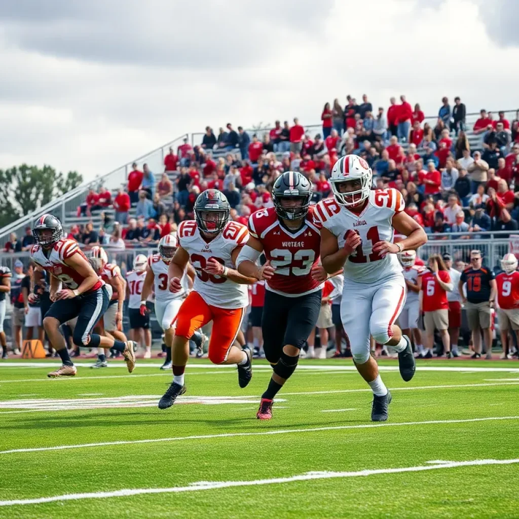 High school football players in action on the field.