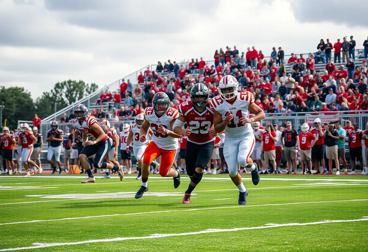 High school football players in action on the field.