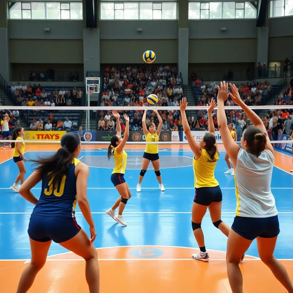 Volleyball players competing in a match on the court