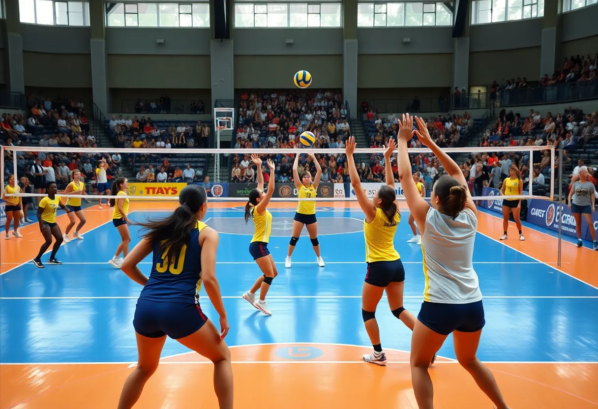 Volleyball players competing in a match on the court