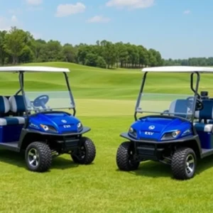 New E-Z-GO RXV golf cars showcased on a golf course