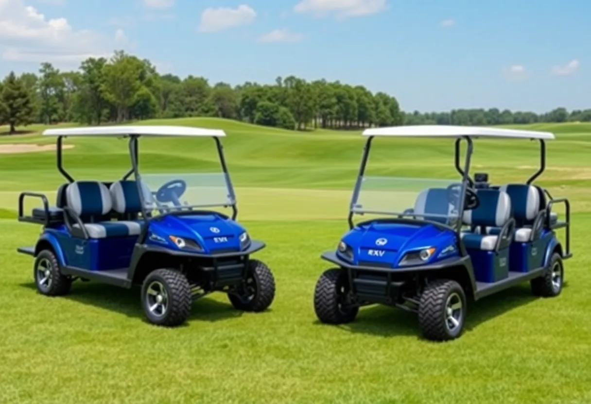 New E-Z-GO RXV golf cars showcased on a golf course