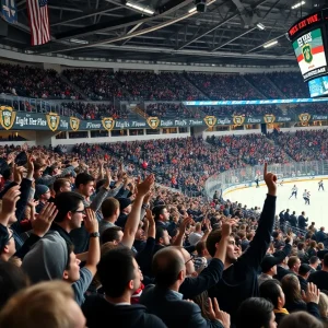 Fans cheering in a hockey arena for Augusta's new ECHL team