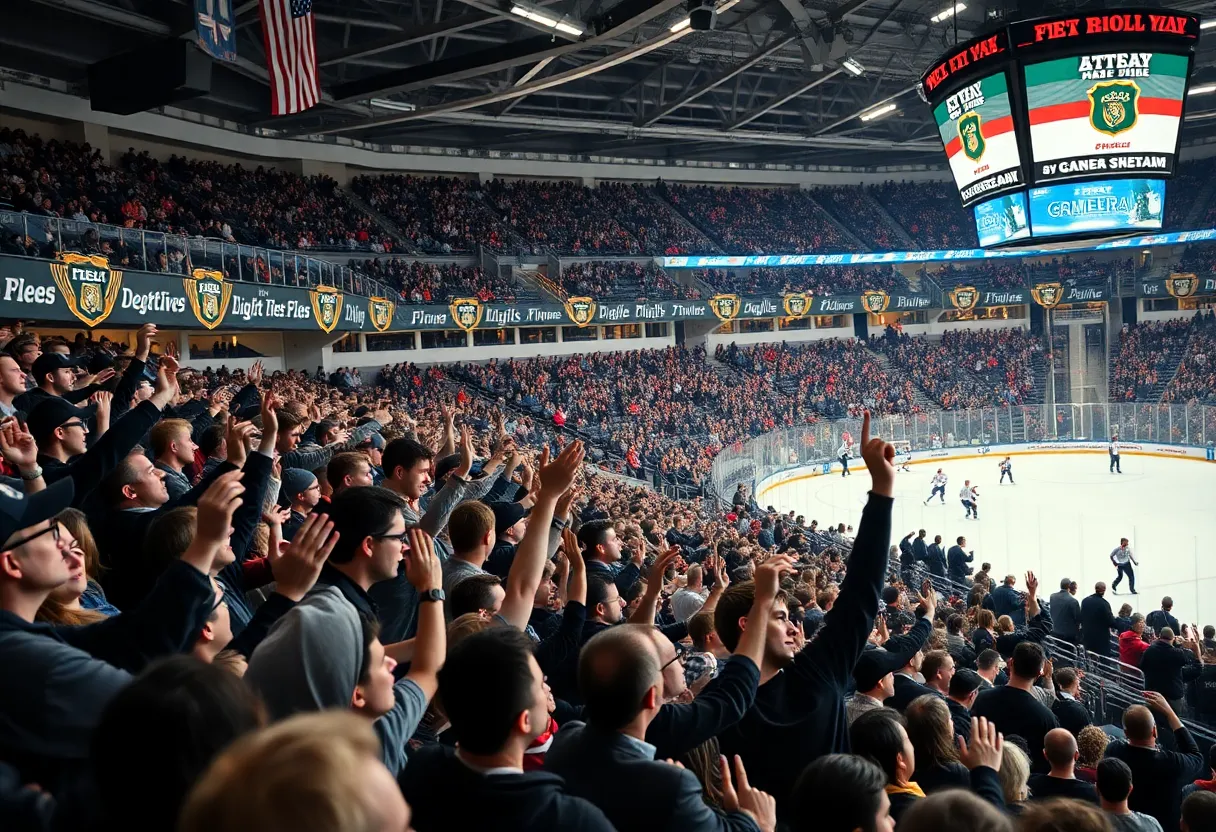 Fans cheering in a hockey arena for Augusta's new ECHL team