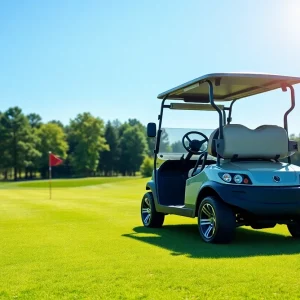 2026 E-Z-GO RXV Golf Car parked on a golf course