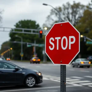 Traffic intersection in Augusta with stop sign