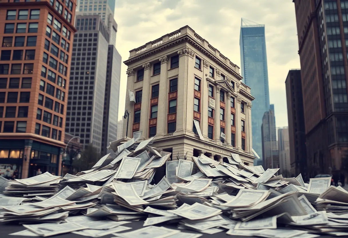 Illustration of a financial building collapsing representing a Ponzi scheme scandal.