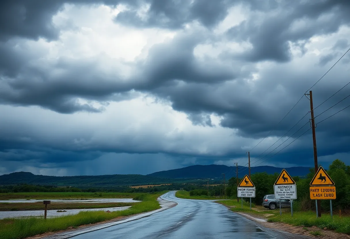 Flooded road in Central South Carolina due to heavy rainfall