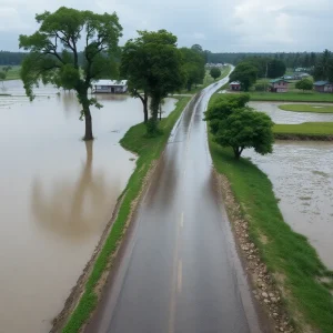 Flooded road surrounded by trees in Central South Carolina