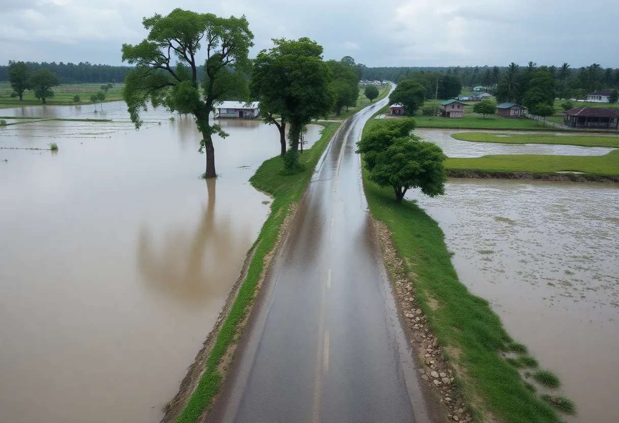 Flooded road surrounded by trees in Central South Carolina