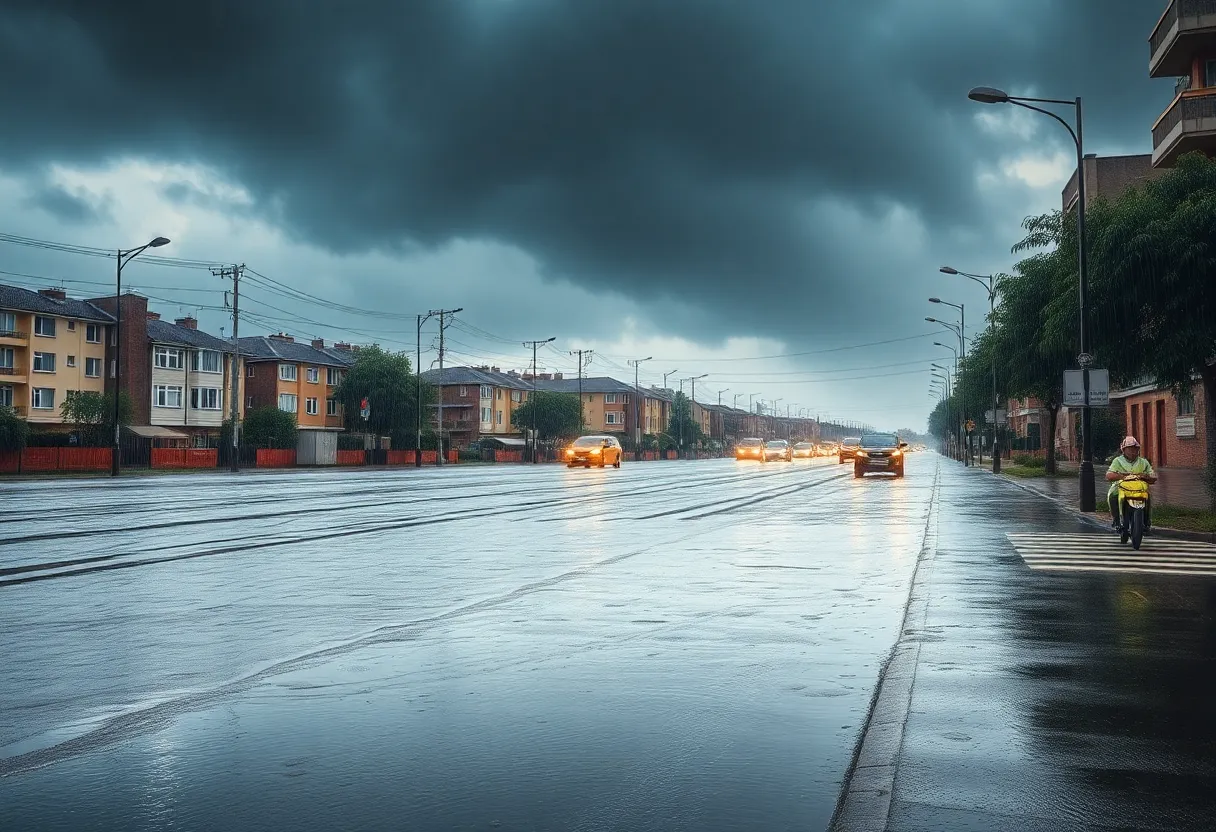 Urban street flooded with rainwater, surrounded by homes under dark storm clouds.