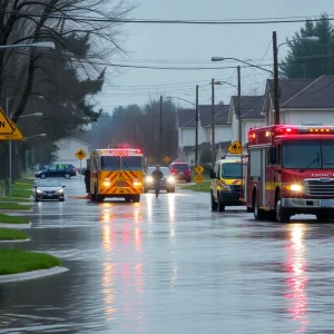 Flooded streets with emergency response signs in South Carolina