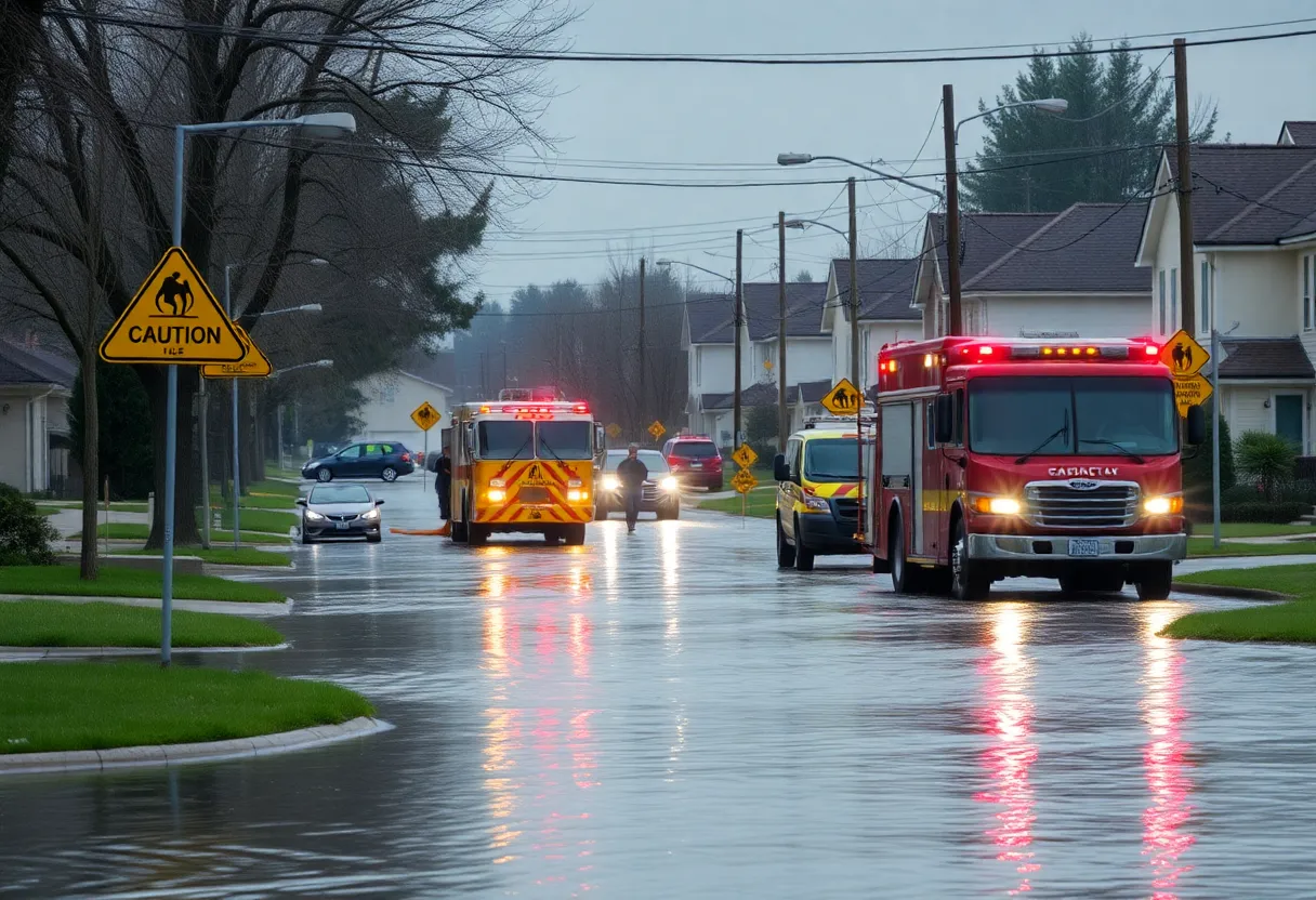 Flooded streets with emergency response signs in South Carolina