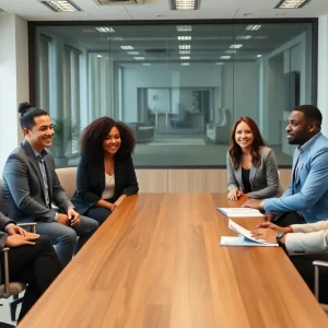 Banking professionals discussing at a leadership meeting
