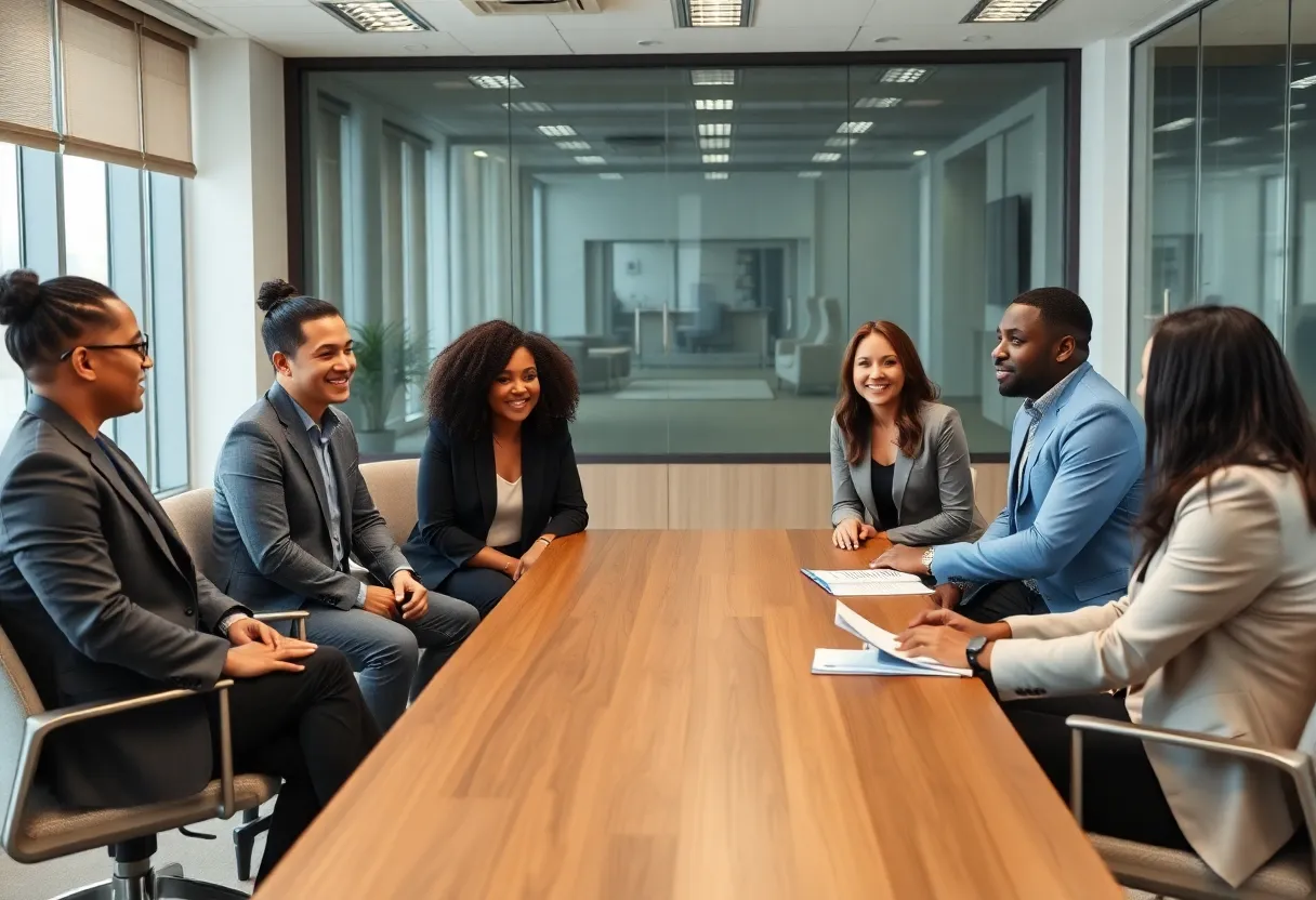 Banking professionals discussing at a leadership meeting