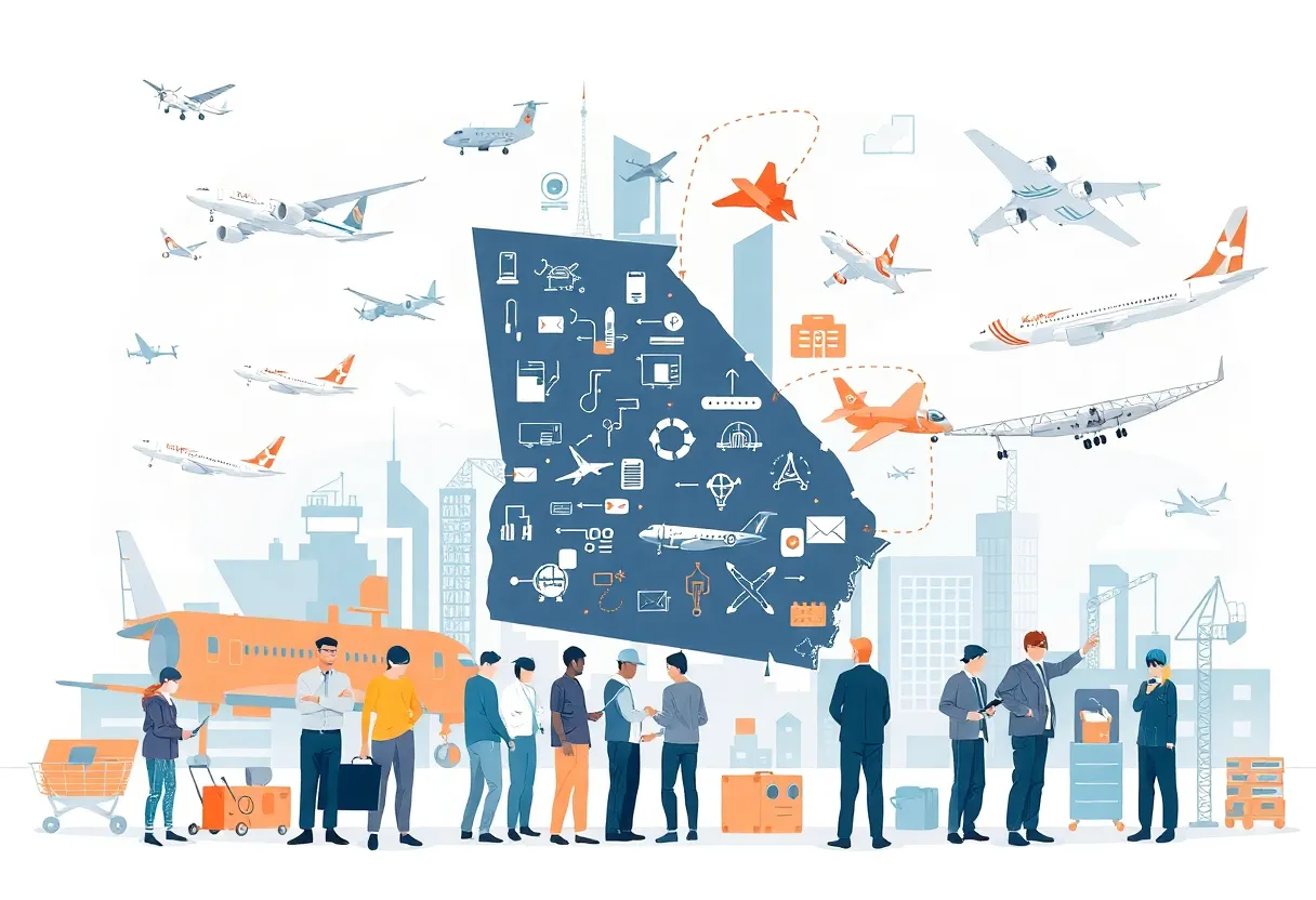 Illustration of Georgia's aerospace industry with aircraft and engineers.