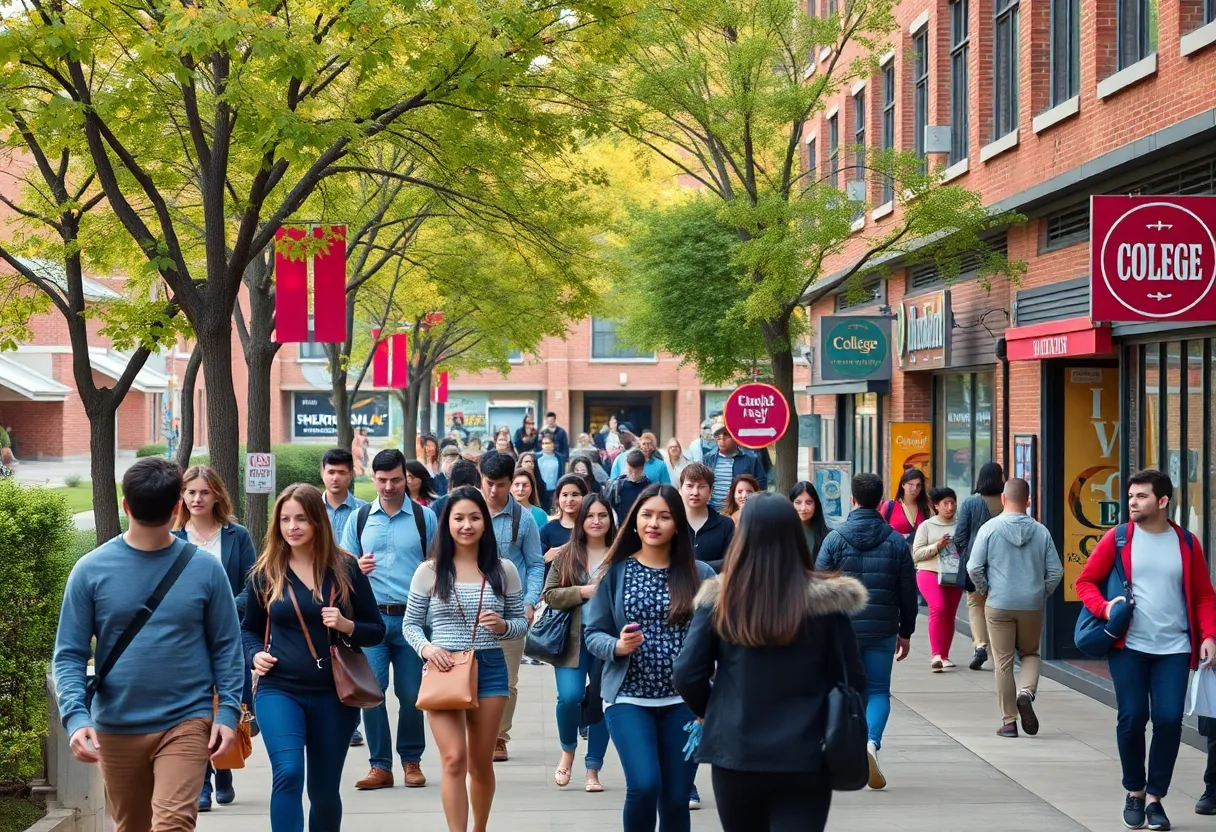 Students at Georgia College campus with local businesses in the background