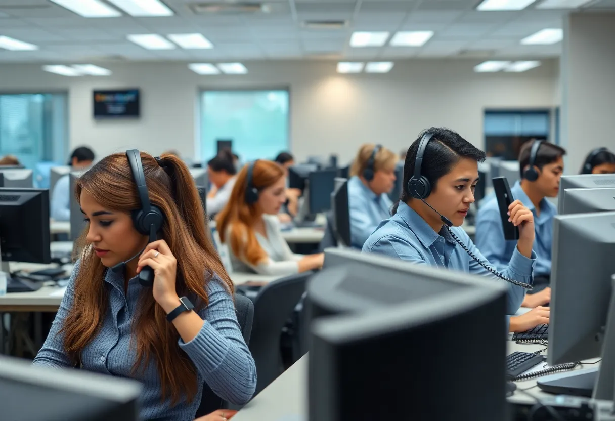 A call center depicting agents engaged in crisis management due to a cyberattack impacting EBT services.
