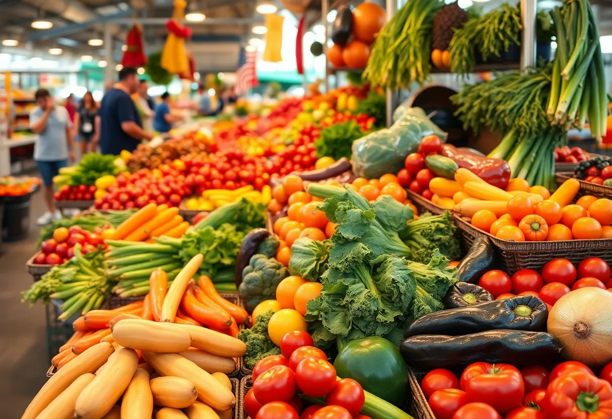 Scene of a vibrant farmers market featuring fresh produce