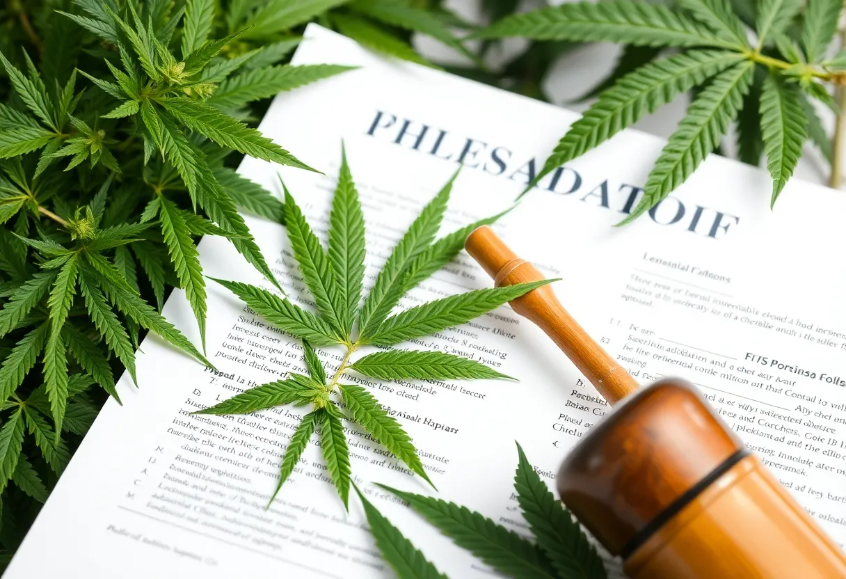 Hemp plants and legal documents signifying regulatory changes in Georgia's hemp industry.