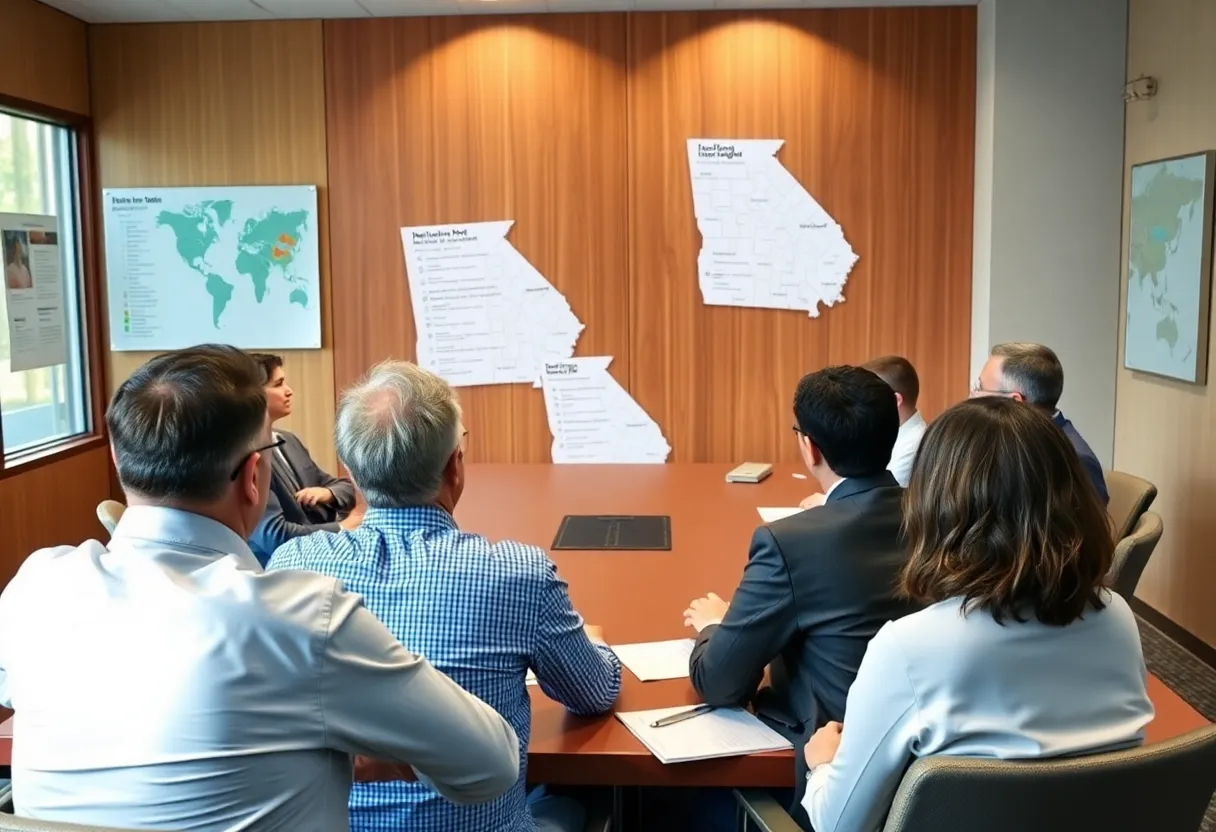 Meeting discussing insurance costs in Georgia with a map and charts