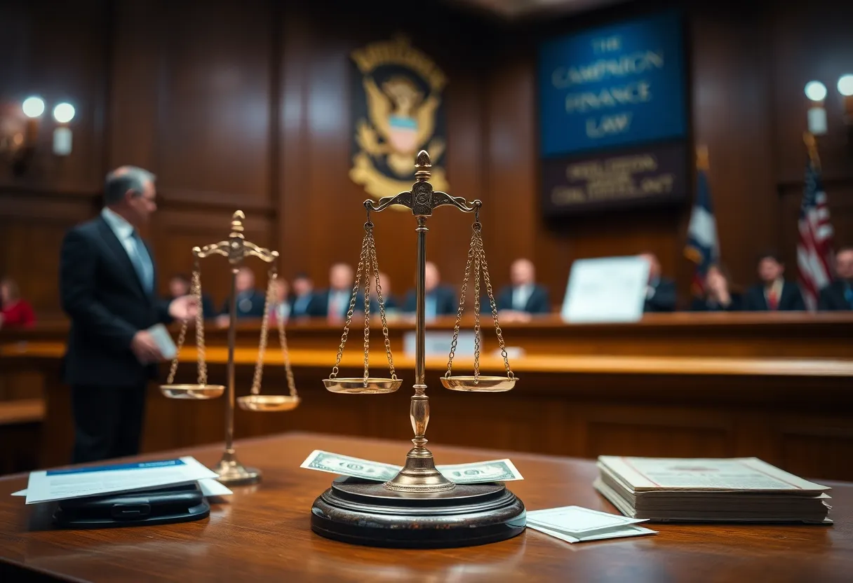 Symbolic representation of a courtroom battle over campaign finance laws.