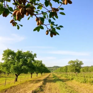 A scenic view of a Georgia pecan farm amidst challenges of tariffs and weather.