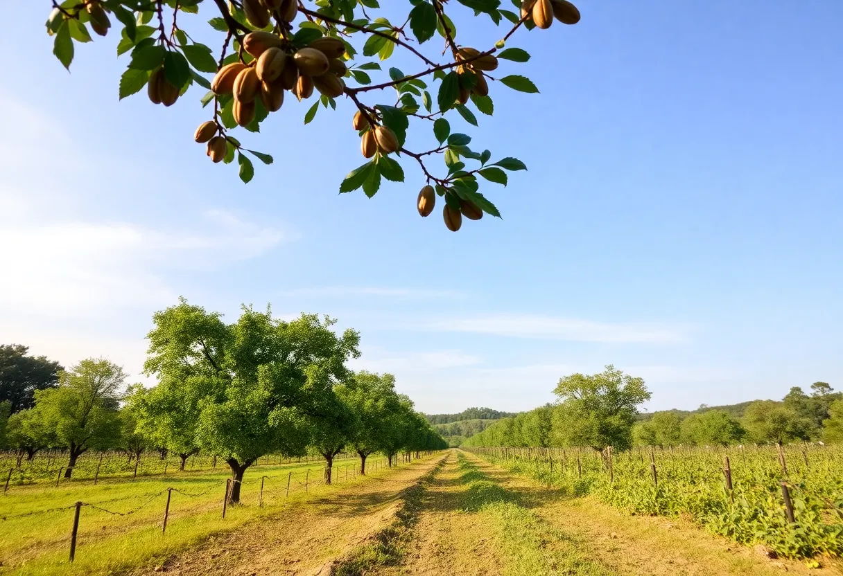 A scenic view of a Georgia pecan farm amidst challenges of tariffs and weather.