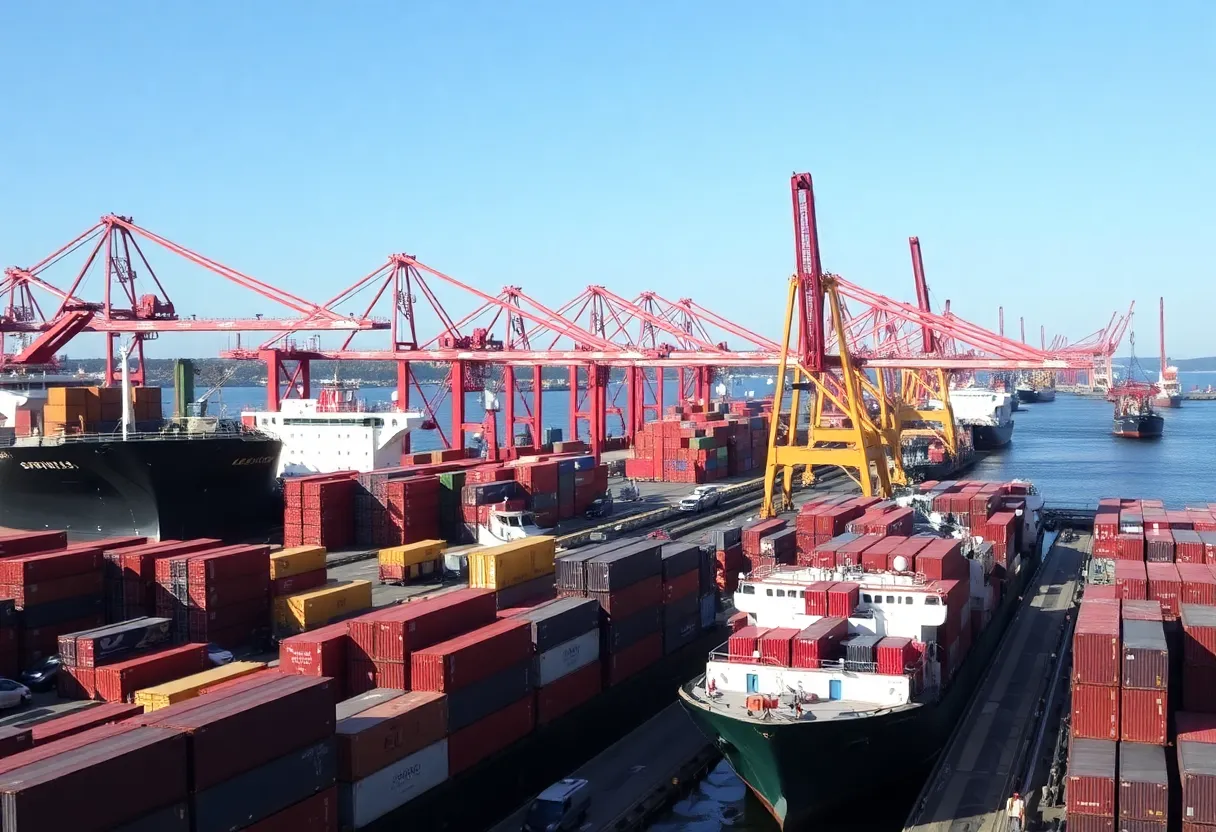 Cargo ships and cranes at Georgia ports during activity