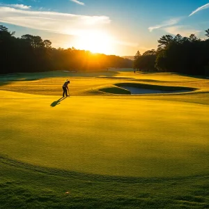 Georgia men's golf team practicing on a scenic golf course