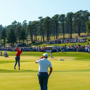A scenic view of a prestigious golf course during a championship event