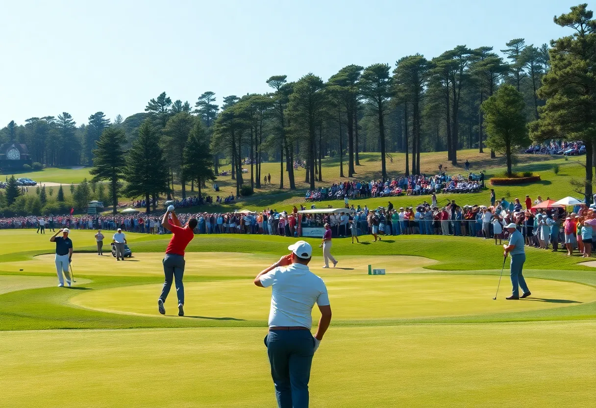 A scenic view of a prestigious golf course during a championship event