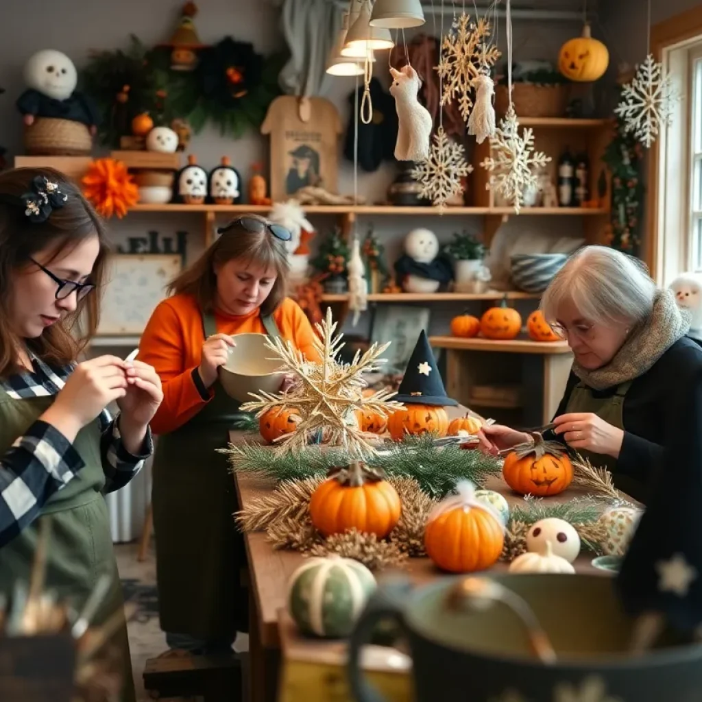 Artisans crafting handmade decorations for Halloween and Christmas at Augusta Training Shop.