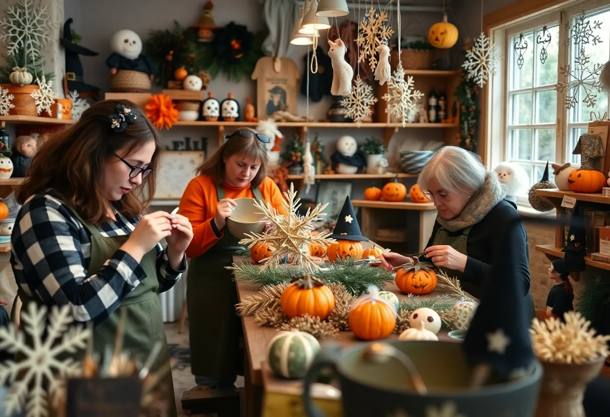 Artisans crafting handmade decorations for Halloween and Christmas at Augusta Training Shop.