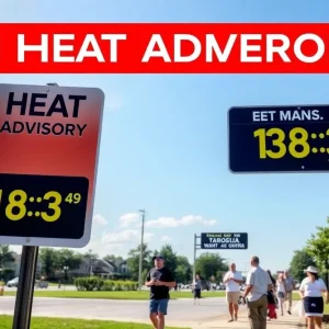 Heat advisory alert sign with people taking precautions