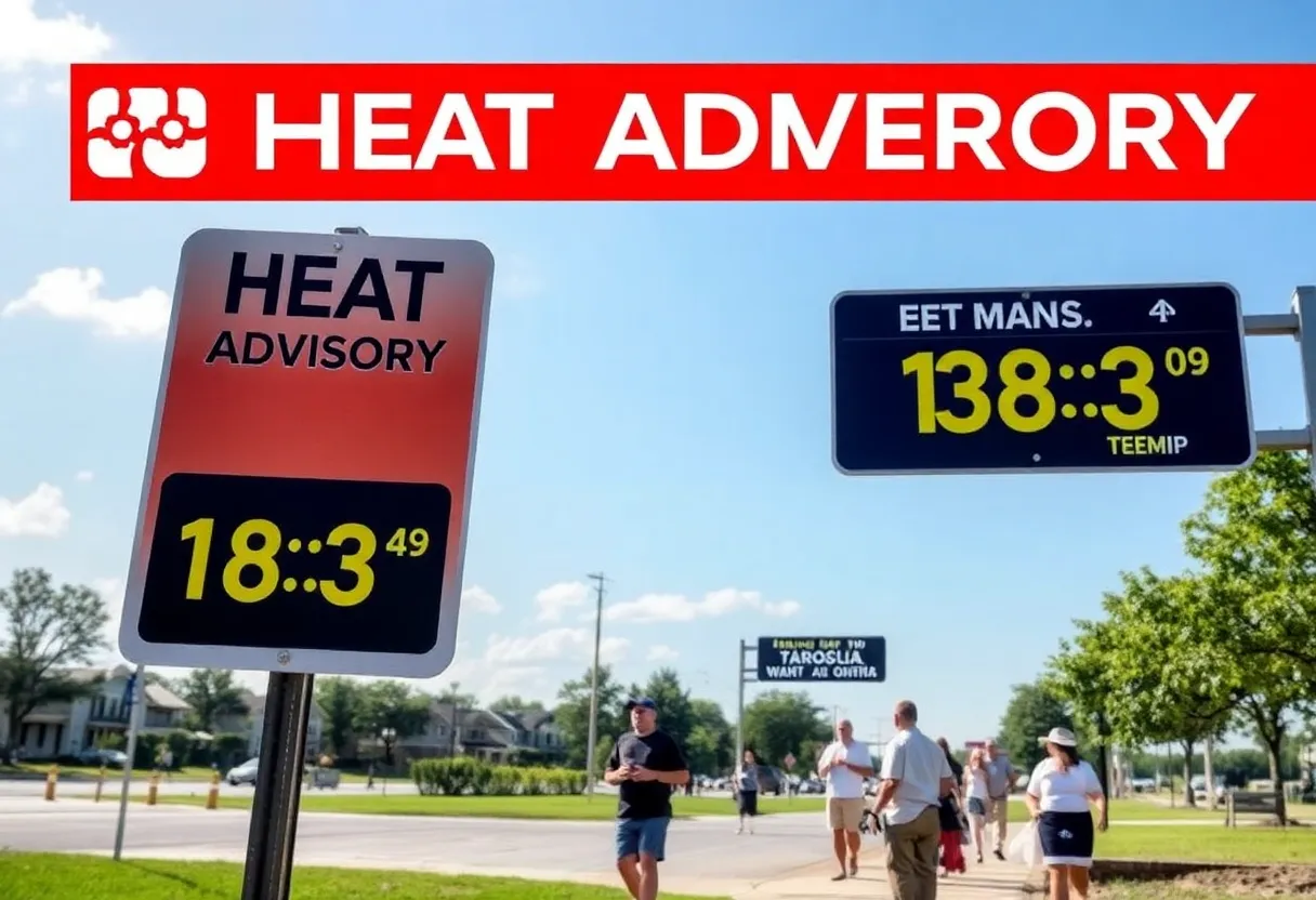 Heat advisory alert sign with people taking precautions