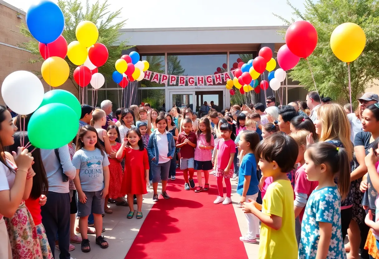 Students arriving at Heritage Academy's 25th anniversary on a red carpet.