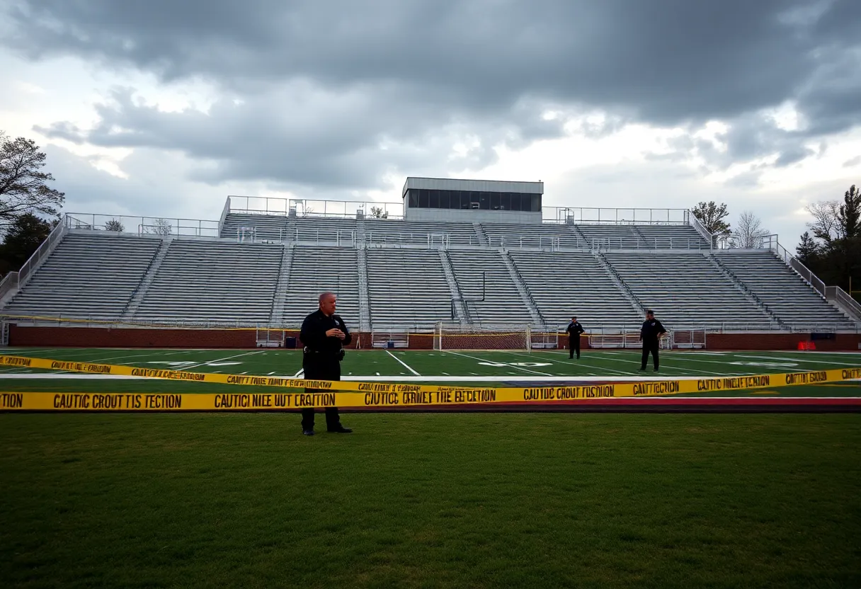 High school football stadium with police presence and caution tape.