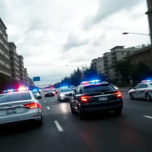 Scene of a high-speed chase with police cars and urban background
