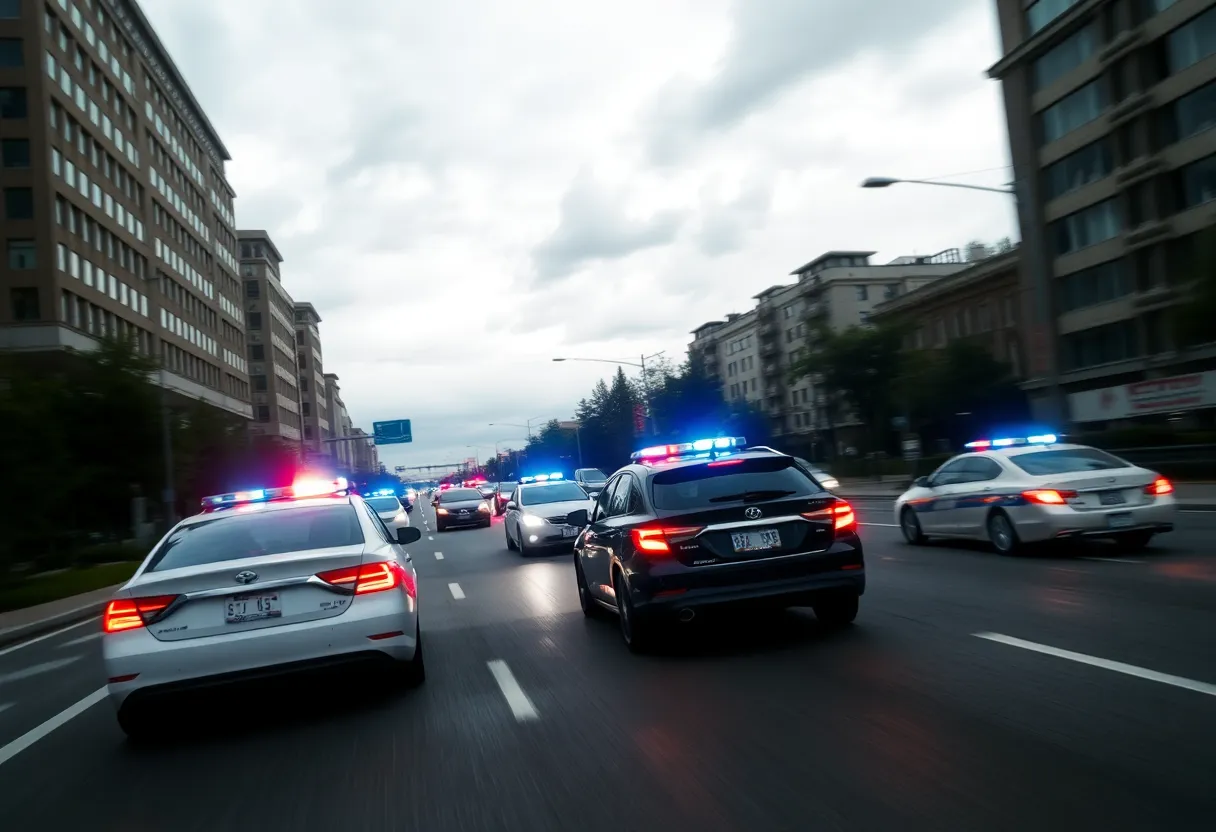 Scene of a high-speed chase with police cars and urban background