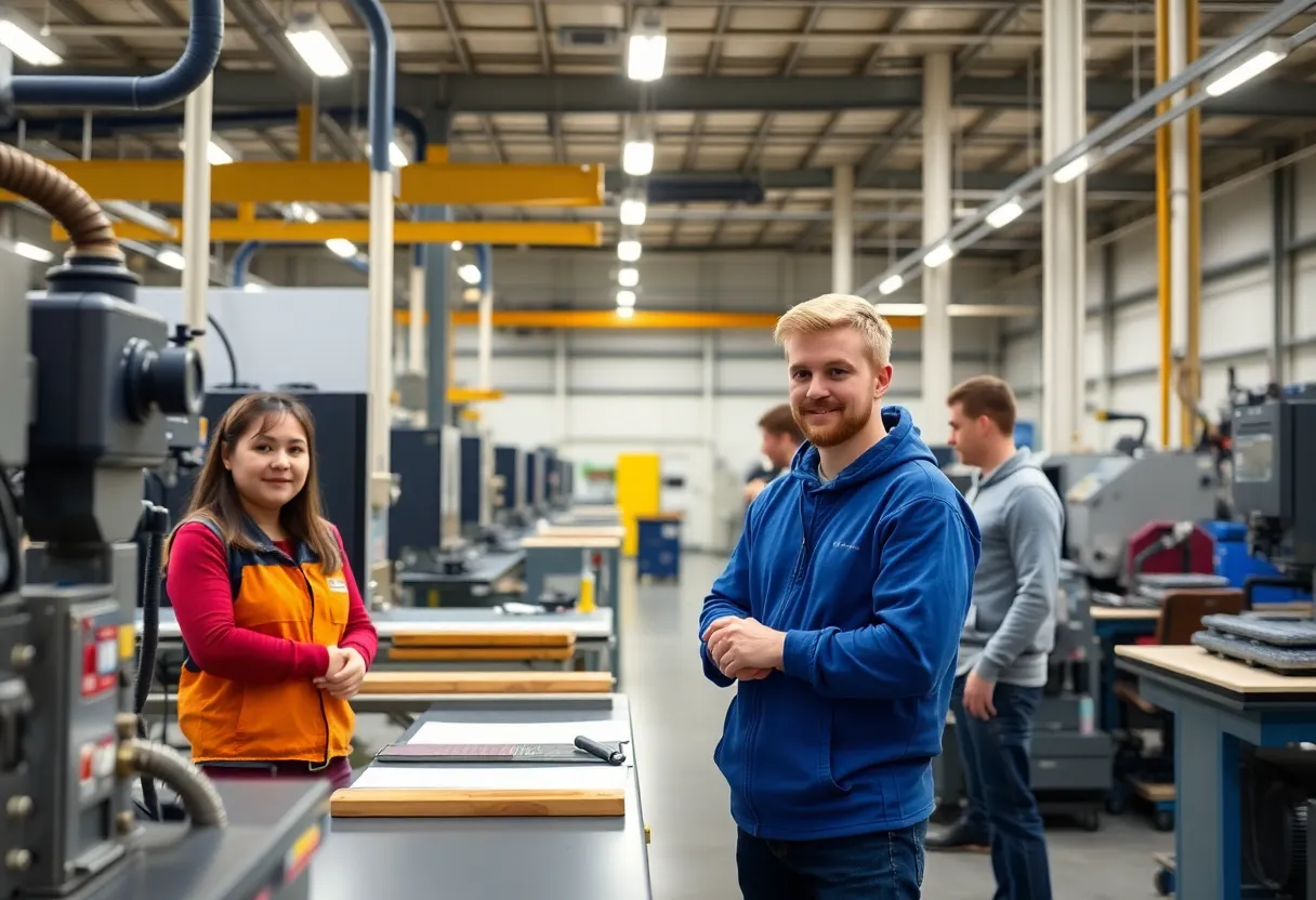 Students participating in Hyundai's apprenticeship program in a manufacturing facility.