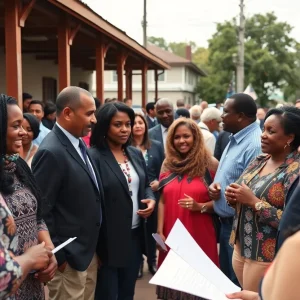 Diverse group of voters at a campaign event discussing leadership