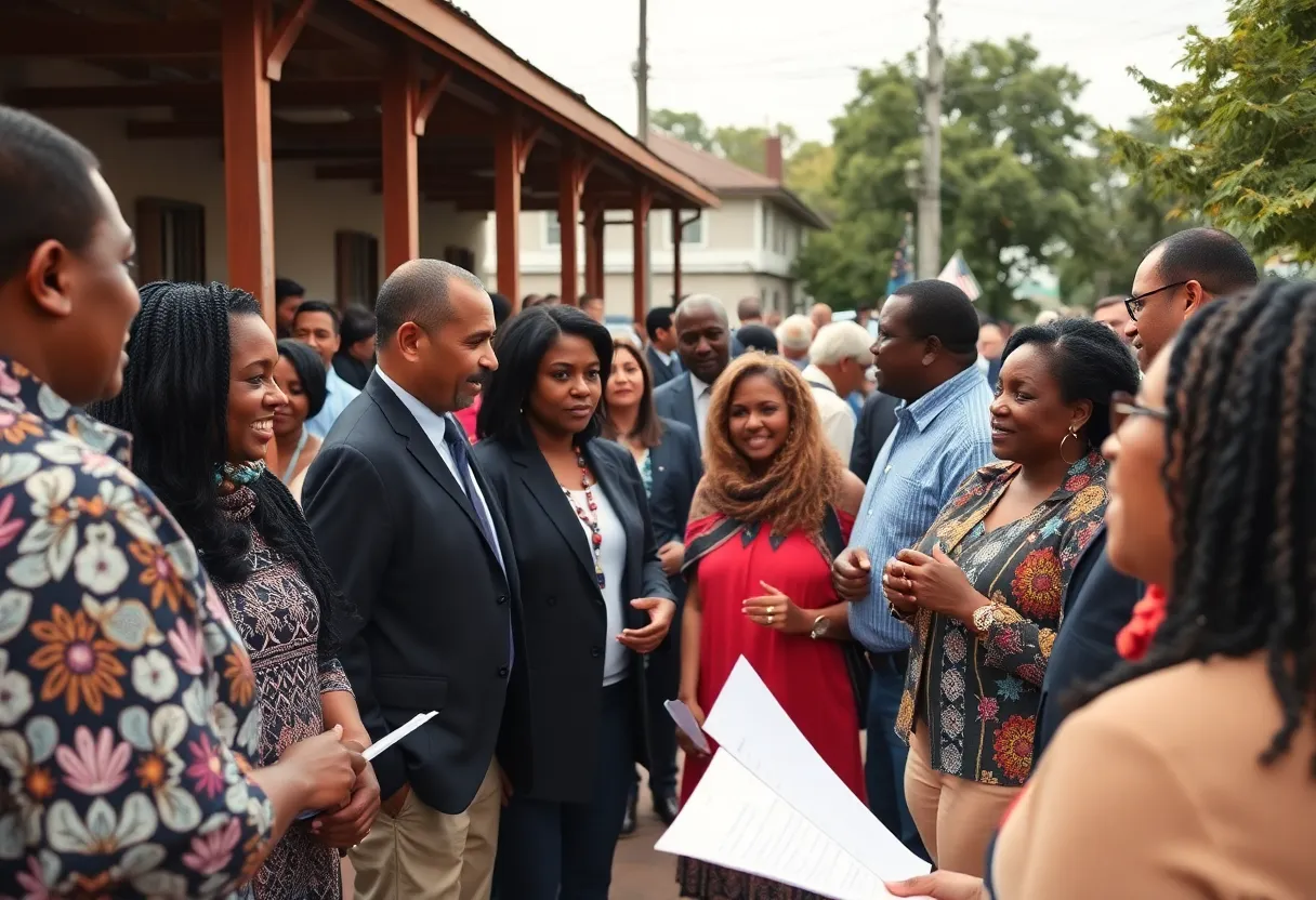 Diverse group of voters at a campaign event discussing leadership