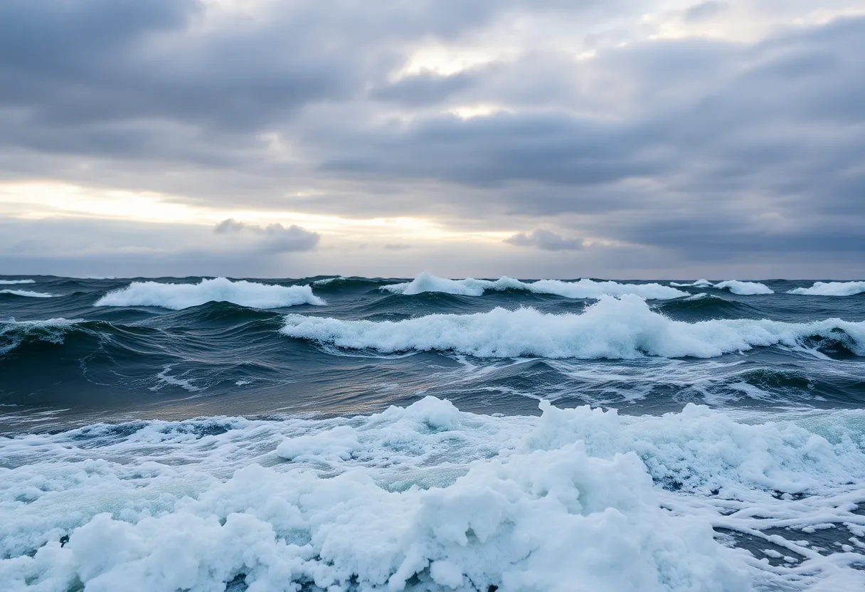 Aftermath of the Kamchatka earthquake showing turbulent sea waves