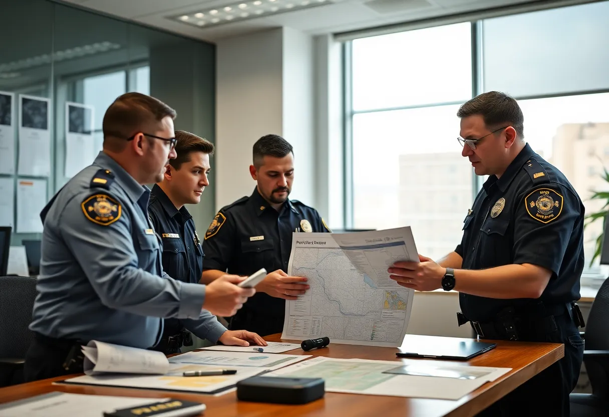 Law enforcement officers discussing human trafficking case