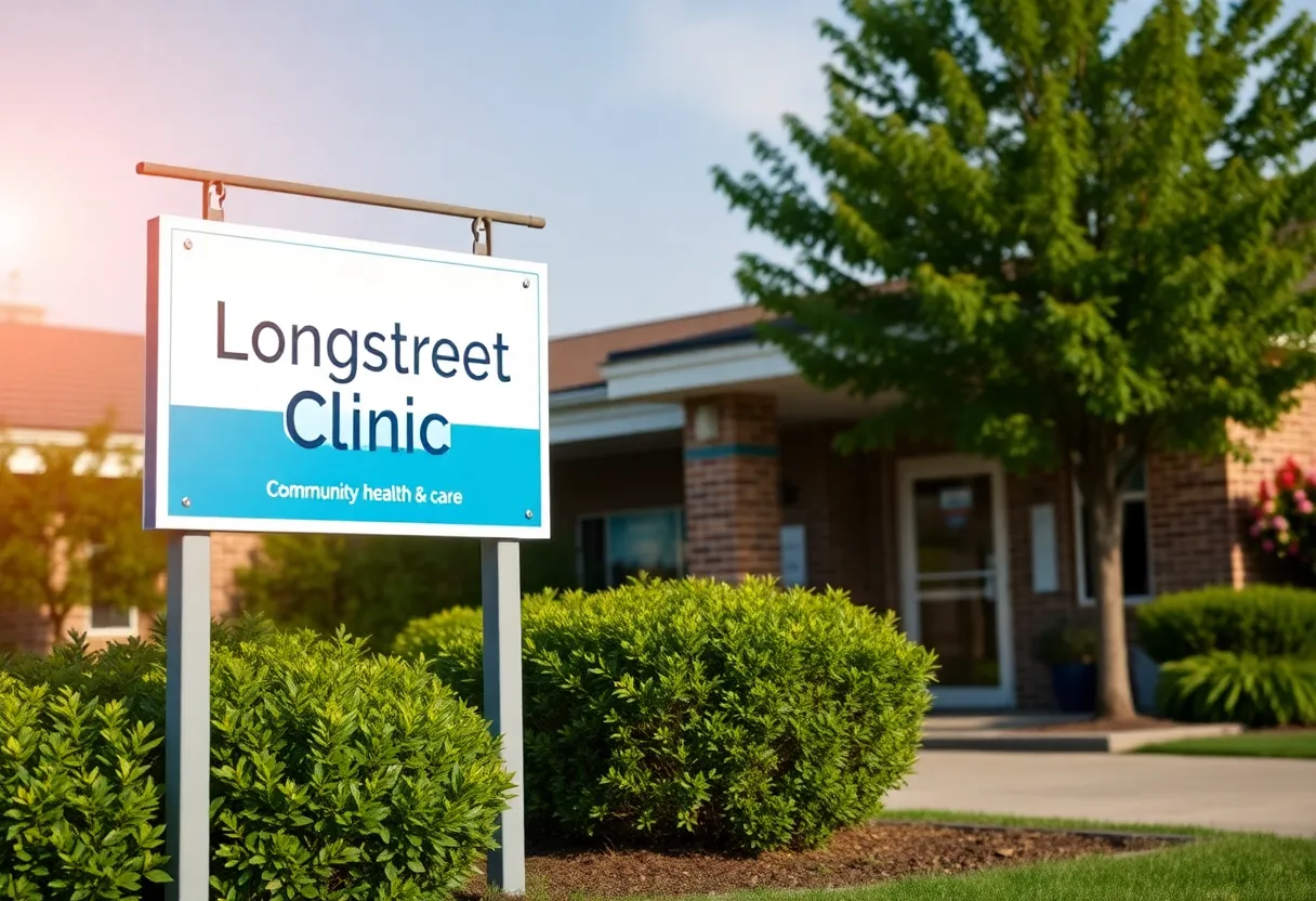 Exterior view of Longstreet Clinic with a vibrant community background.