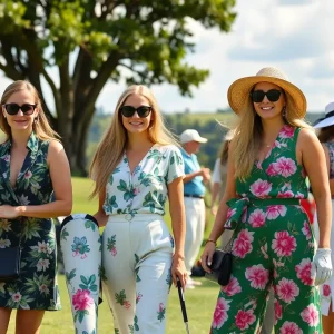 Stylish attendees at the Masters Tournament in Augusta, dressed in elegant golf attire.