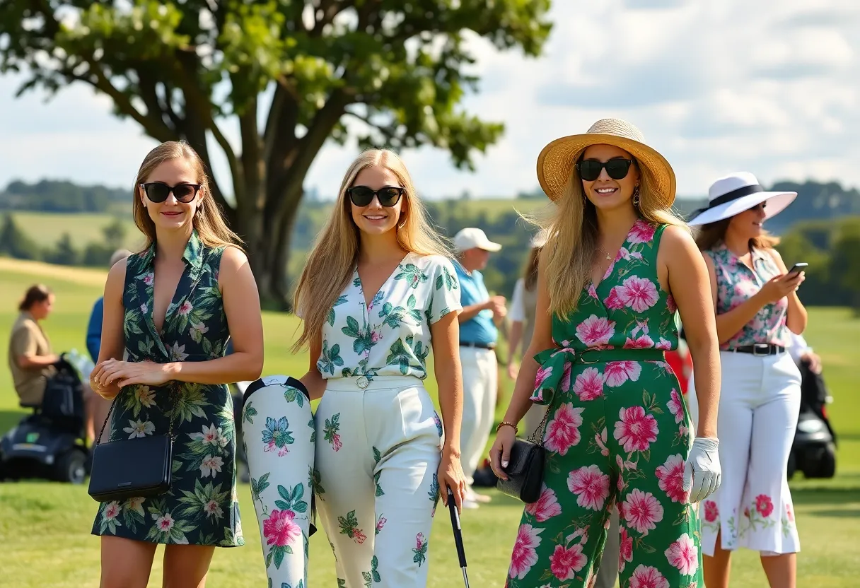 Stylish attendees at the Masters Tournament in Augusta, dressed in elegant golf attire.