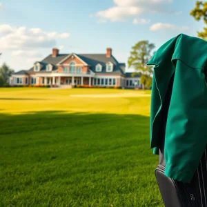 Illustration of a golf course with a green jacket on a golf bag