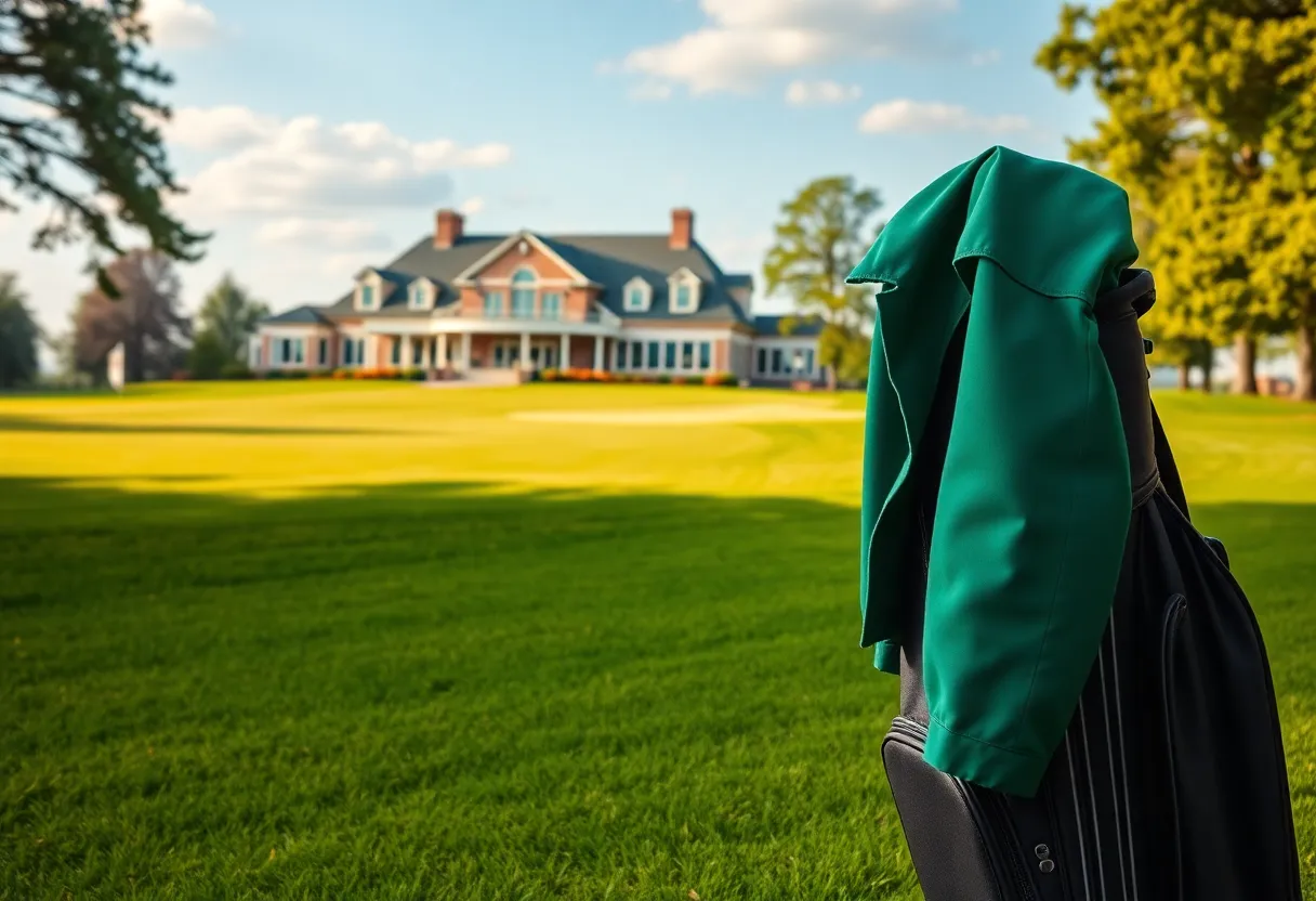Illustration of a golf course with a green jacket on a golf bag
